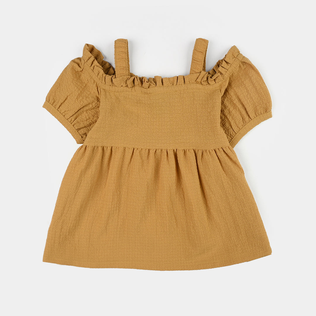 Infant Girls Poly Cambric Embroidered Top (Crochet Butterfly) - Khaki