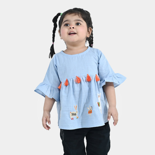 Infant Girls Embroidered Cotton Slub Top – Blue