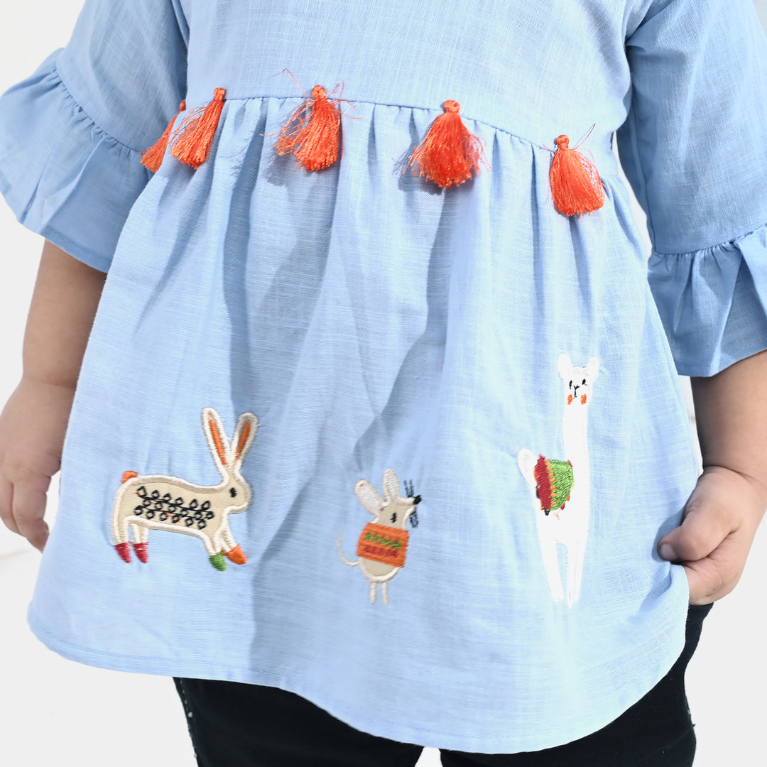 Infant Girls Embroidered Cotton Slub Top – Blue