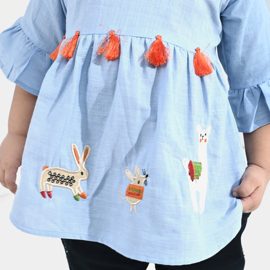 Infant Girls Embroidered Cotton Slub Top – Blue