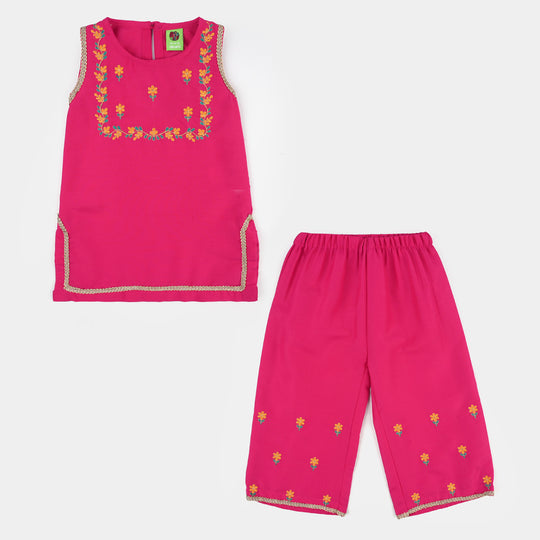 Infant Girls Poly Cambric 2Pc Set (Guddi) - Bright Pink