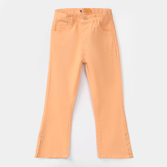 Girls Cotton Twill Pants (Flower In Line) – Peach