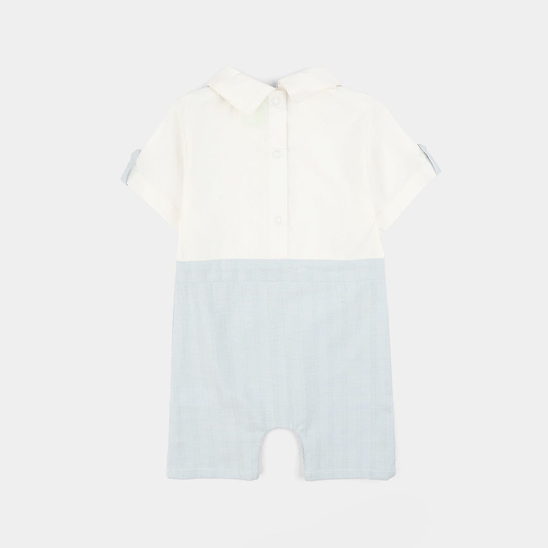 Infant Boys Yarn Dyed Woven Romper (Bow & Stripe) - Blue/White