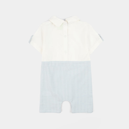 Infant Boys Yarn Dyed Woven Romper (Bow & Stripe) - Blue/White