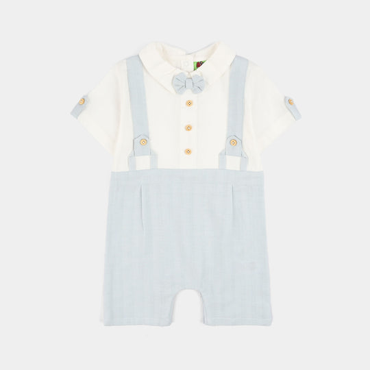 Infant Boys Yarn Dyed Woven Romper (Bow & Stripe) - Blue/White