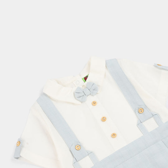 Infant Boys Yarn Dyed Woven Romper (Bow & Stripe) - Blue/White
