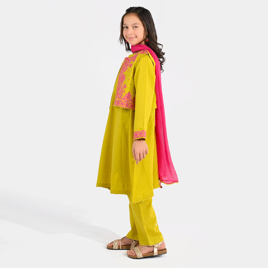 Girls Jacquard 3-Piece Suit (Khushyia) - Olive