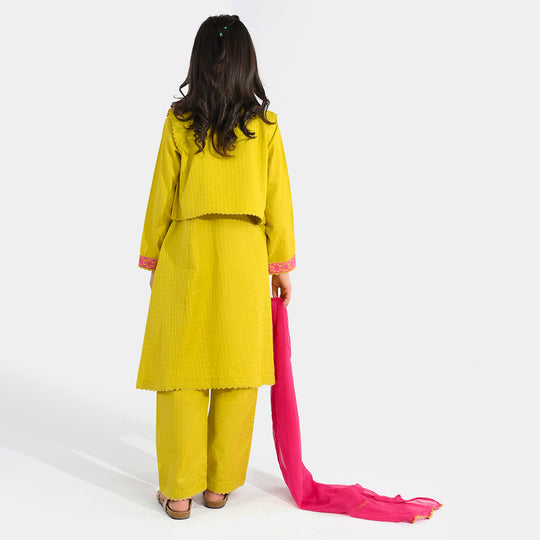 Girls Jacquard 3-Piece Suit (Khushyia) - Olive