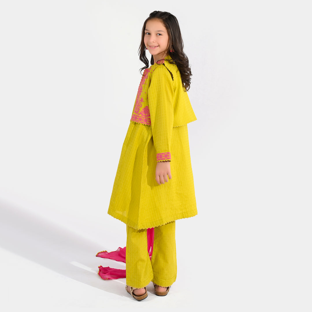 Girls Jacquard 3-Piece Suit (Khushyia) - Olive