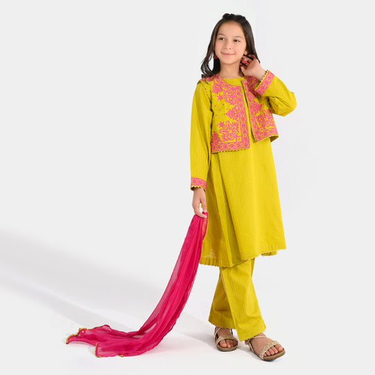 Girls Jacquard 3-Piece Suit (Khushyia) - Olive