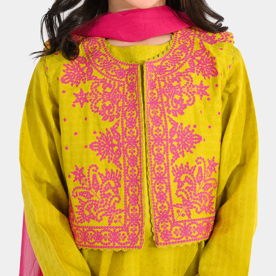 Girls Jacquard 3-Piece Suit (Khushyia) - Olive