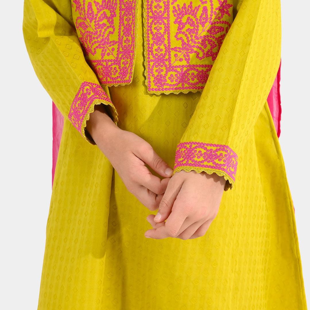 Girls Jacquard 3-Piece Suit (Khushyia) - Olive