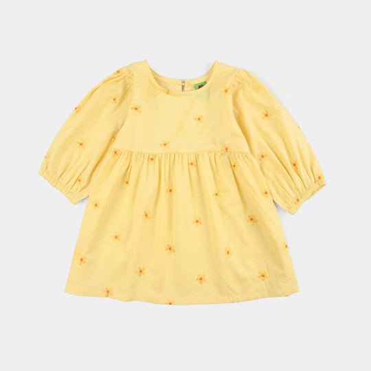 Infant Girls Jacquard Emb Frock Flowers-Yellow