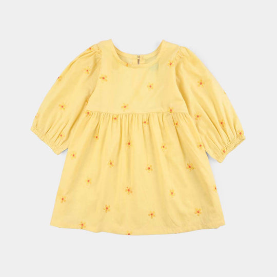 Girls Jacquard Emb Frock Flowers-Yellow