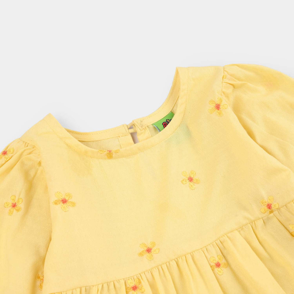 Infant Girls Jacquard Emb Frock Flowers-Yellow