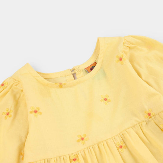 Girls Jacquard Emb Frock Flowers-Yellow