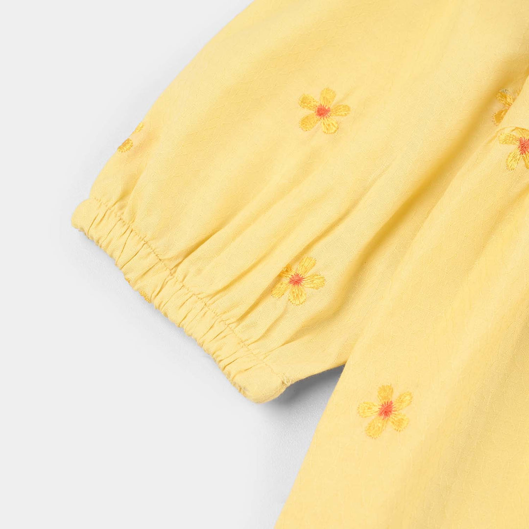 Infant Girls Jacquard Emb Frock Flowers-Yellow