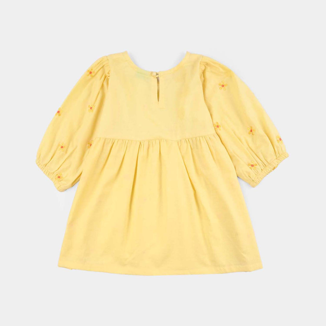 Girls Jacquard Emb Frock Flowers-Yellow