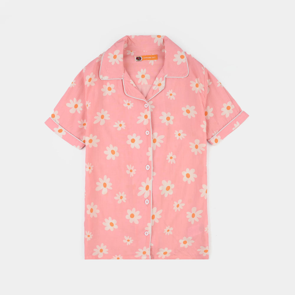 Girls Cotton Viscos Night Suit-Summer Vibes-PINK
