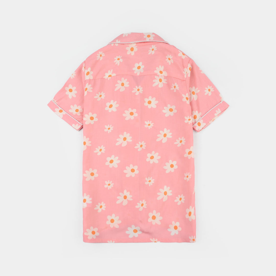 Girls Cotton Viscos Night Suit-Summer Vibes-PINK