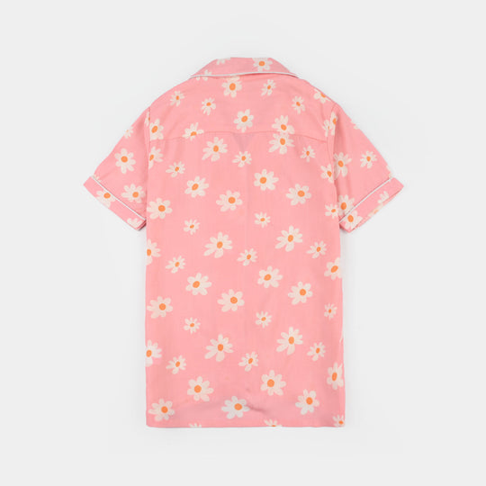 Girls Cotton Viscos Night Suit-Summer Vibes-PINK