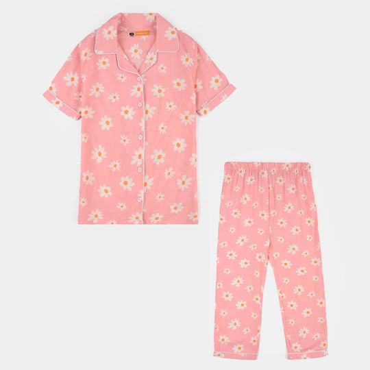 Girls Cotton Viscos Night Suit-Summer Vibes-PINK