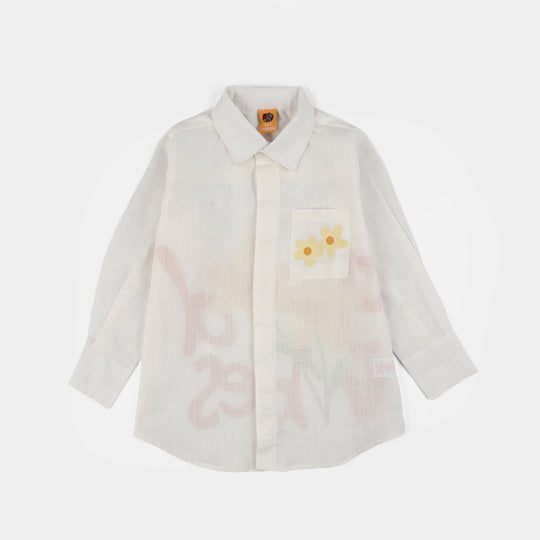 Girls Raw Silk Casual Top (Good Vibes) - White