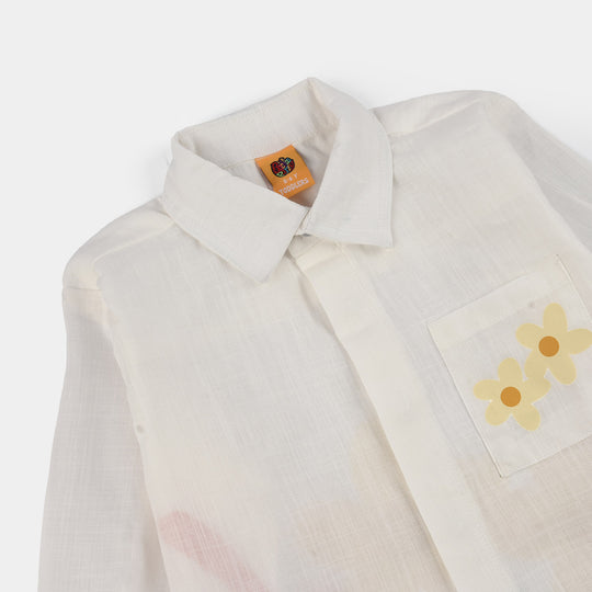 Girls Raw Silk Casual Top (Good Vibes) - White