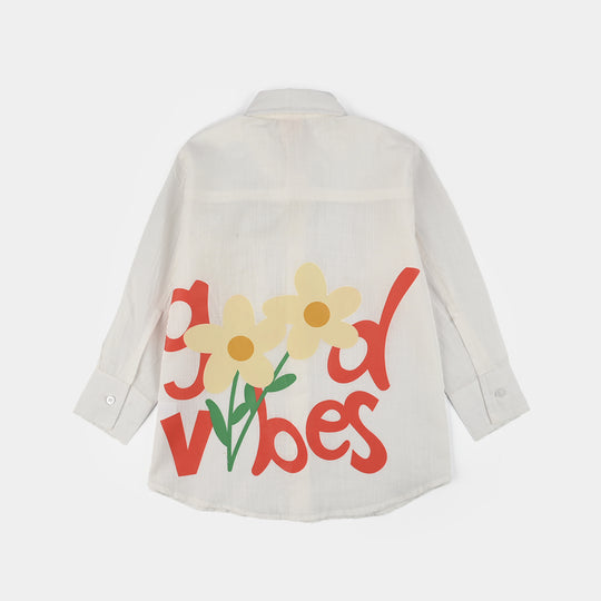 Girls Raw Silk Casual Top (Good Vibes) - White