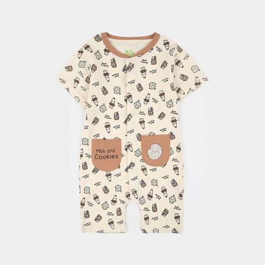 Infant Boys Cotton Interlock Knit Romper (Milk and Cookies) - Cream/Brown