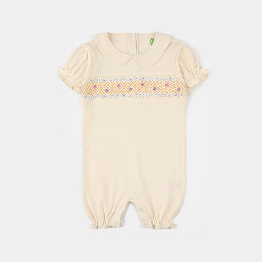 Infant Girls Cotton Interlock Knit Romper - Off White