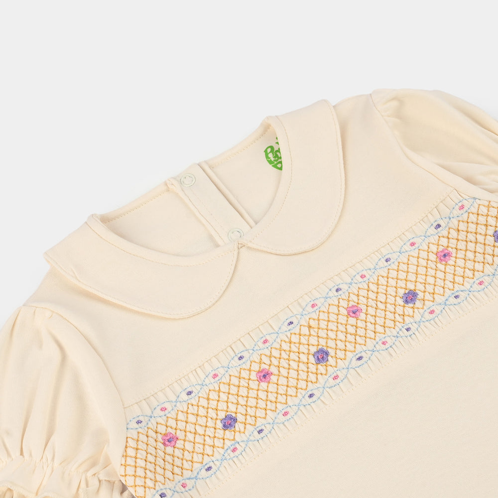 Infant Girls Cotton Interlock Knit Romper - Off White