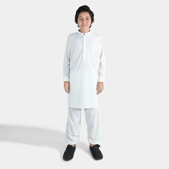Boys Poly Viscose Shalwar Suit (Self Textured) – Off White