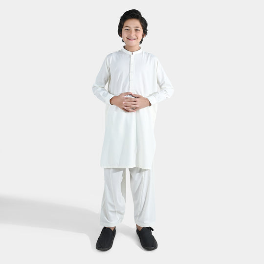 Boys Poly Viscose Shalwar Suit (Self Textured) – Off White