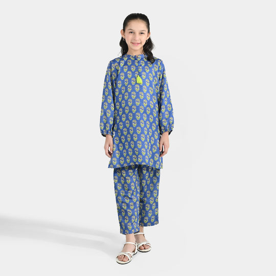 Girls Jacquard Printed 2-Piece Set (Teal Flowers) - Blue
