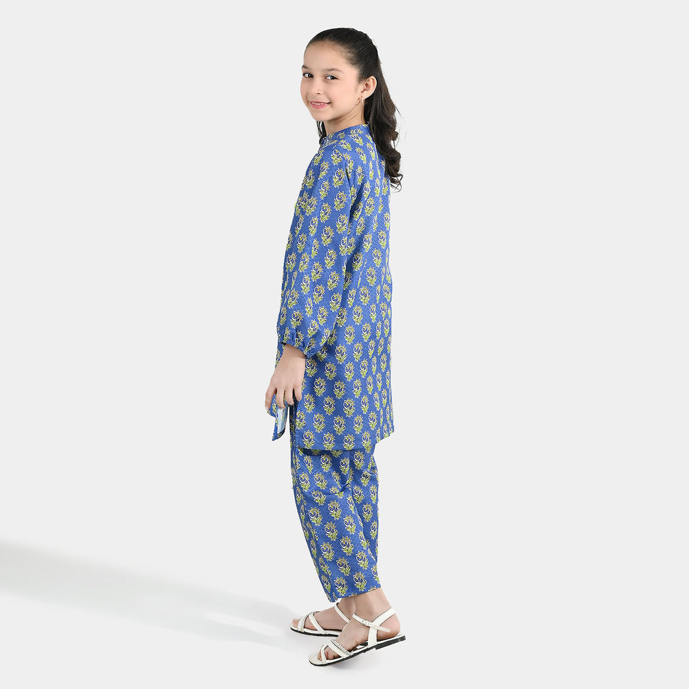 Girls Jacquard Printed 2-Piece Set (Teal Flowers) - Blue