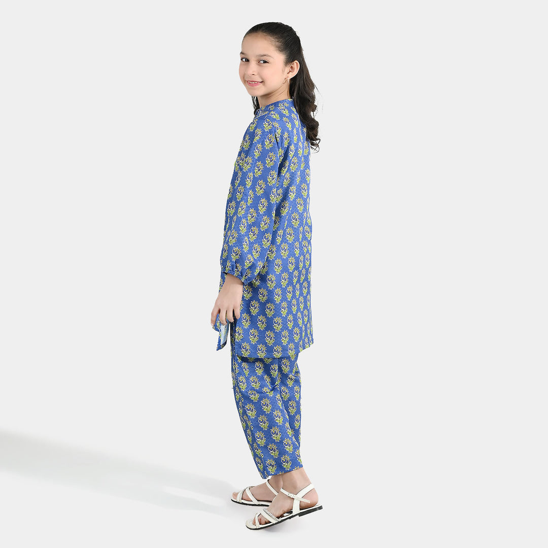 Girls Jacquard Printed 2-Piece Set (Teal Flowers) - Blue