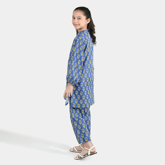 Girls Jacquard Printed 2-Piece Set (Teal Flowers) - Blue