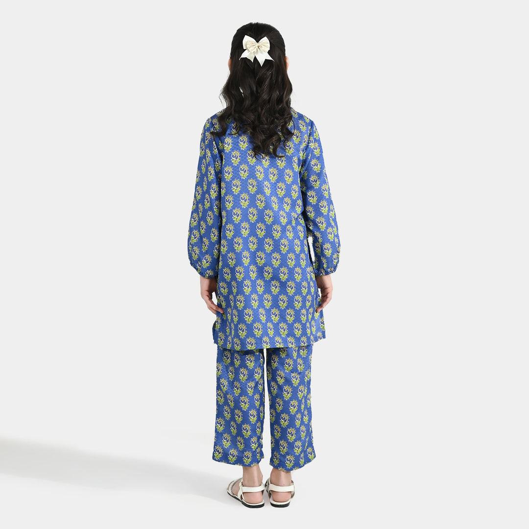 Girls Jacquard Printed 2-Piece Set (Teal Flowers) - Blue