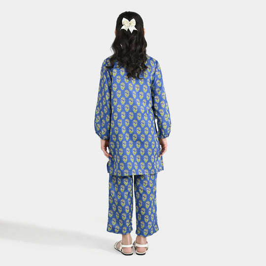 Girls Jacquard Printed 2-Piece Set (Teal Flowers) - Blue