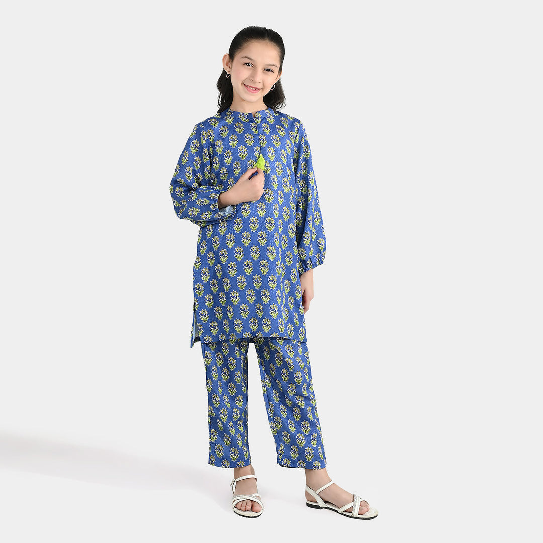 Girls Jacquard Printed 2-Piece Set (Teal Flowers) - Blue