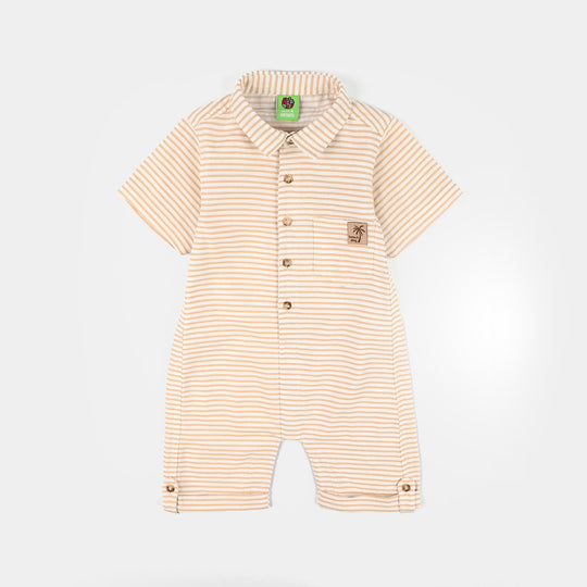 Infant Boys Yarn Dyed Woven Romper-Coco Stripe-Beige.Off.White