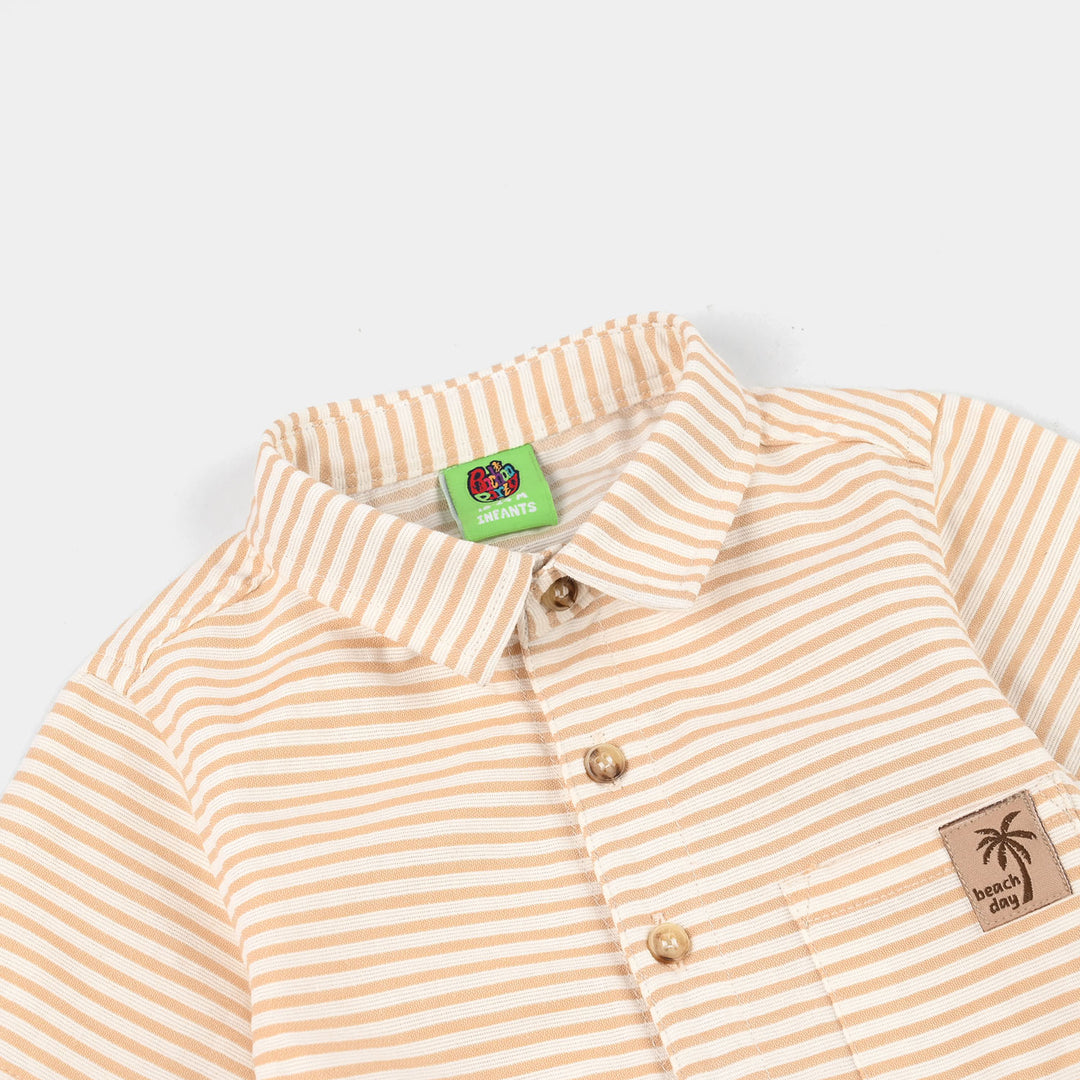 Infant Boys Yarn Dyed Woven Romper-Coco Stripe-Beige.Off.White