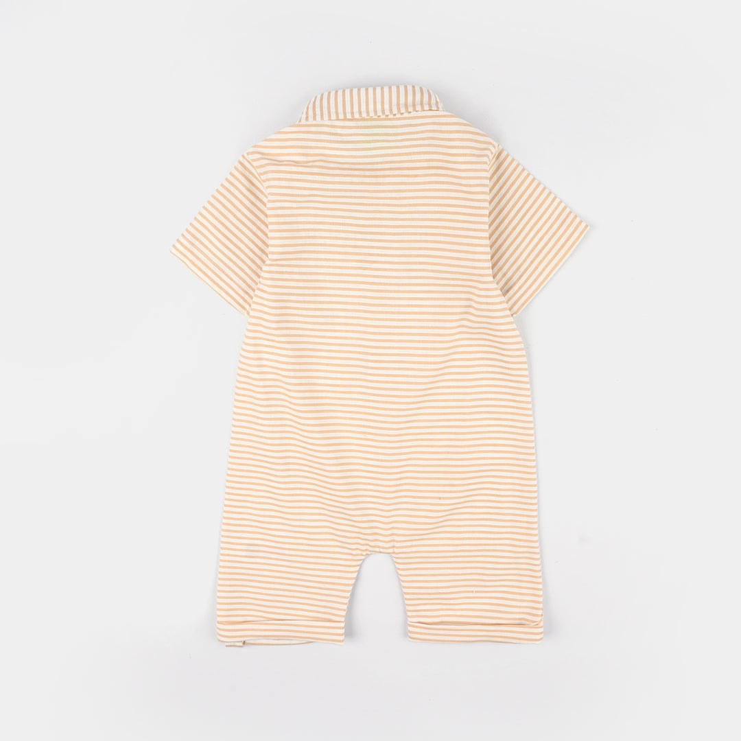 Infant Boys Yarn Dyed Woven Romper-Coco Stripe-Beige.Off.White