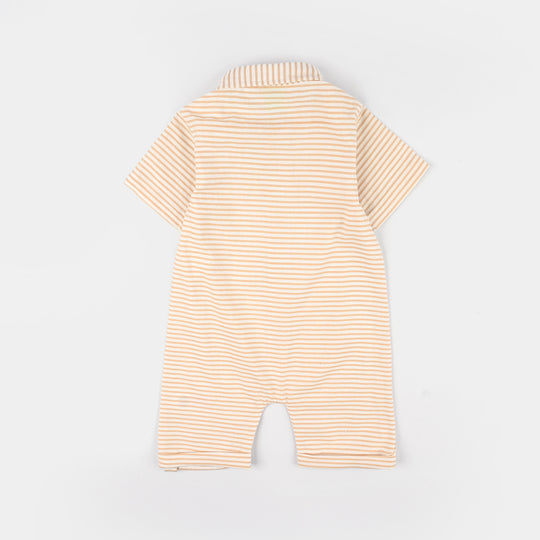 Infant Boys Yarn Dyed Woven Romper-Coco Stripe-Beige.Off.White