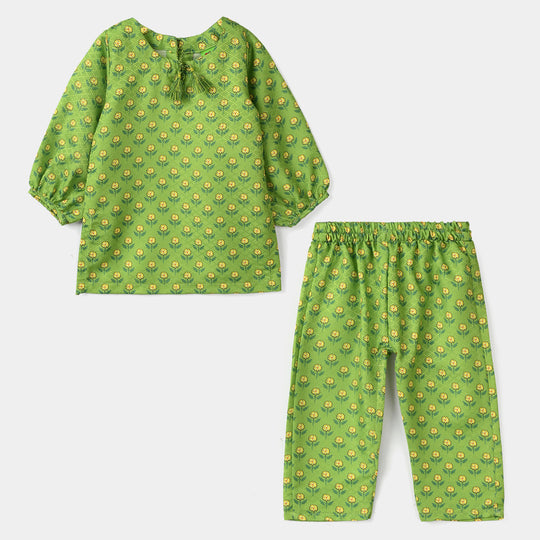 Infant Girls Jacquard Printed 2-Pcs Suit - Dhani Green