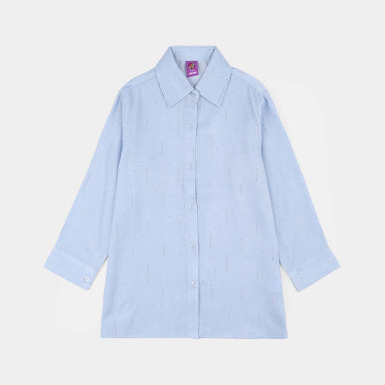 Girls Poly Crinkle Casual Top (Sky Studs) - Sky Blue