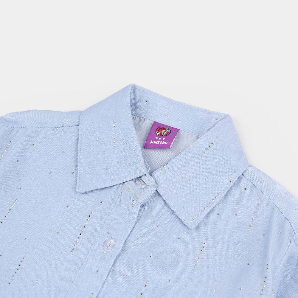 Girls Poly Crinkle Casual Top (Sky Studs) - Sky Blue