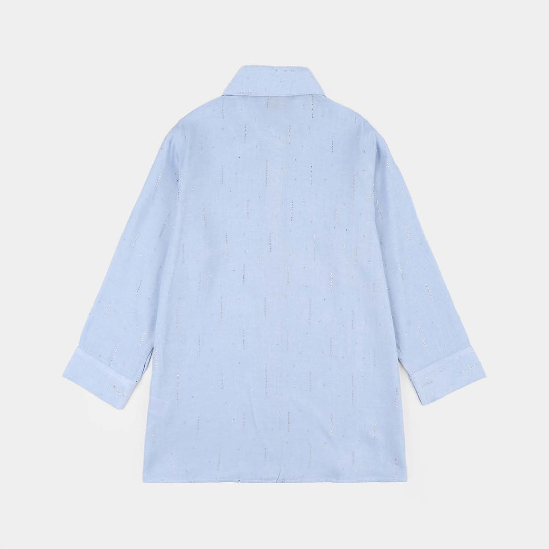 Girls Poly Crinkle Casual Top (Sky Studs) - Sky Blue