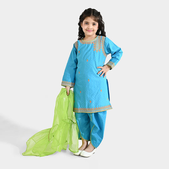 Girls Viscose 3-Pc Set (Falak) - Teal Blue/Green